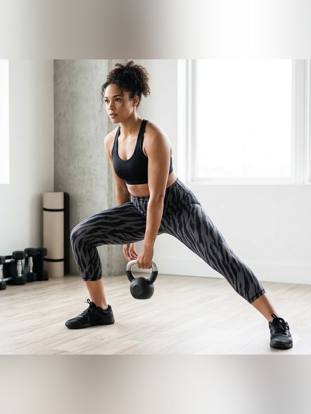 🏷️ ZYIA Active High-Rise Capri Leggings | Size 12 | Black & Gray Printed